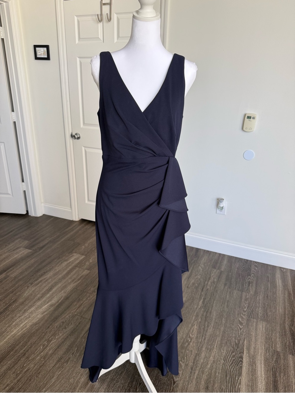 Betsy Adam Navy Sleeveless High-Low Ruffle Wrap Dress